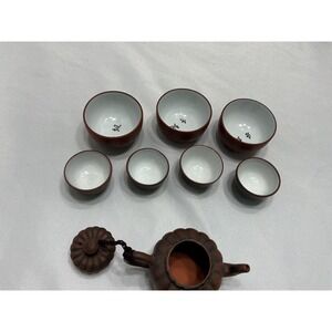 Yixing Zisha Clay Tea Set Pumpkin Teapot Chinese Calligraphy Brown Pottery